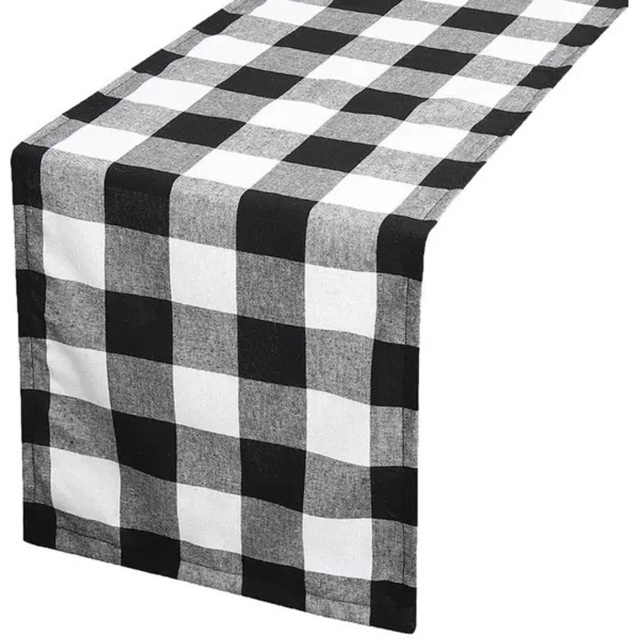 Asztali futó, 33x180cm, poliészter pamut, fekete fehér, klasszikus kockás minta
