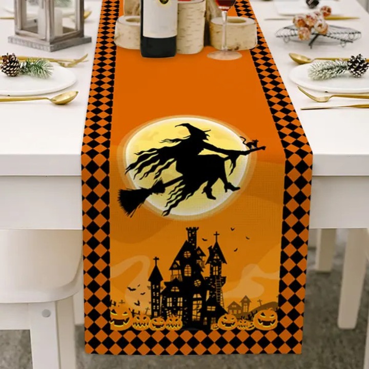 ISINI-CJ-K0497-260826-1248 asztali futó, pamut, Halloween boszorkány és tök mintával, narancssárga/fekete, 13 x 36 inch