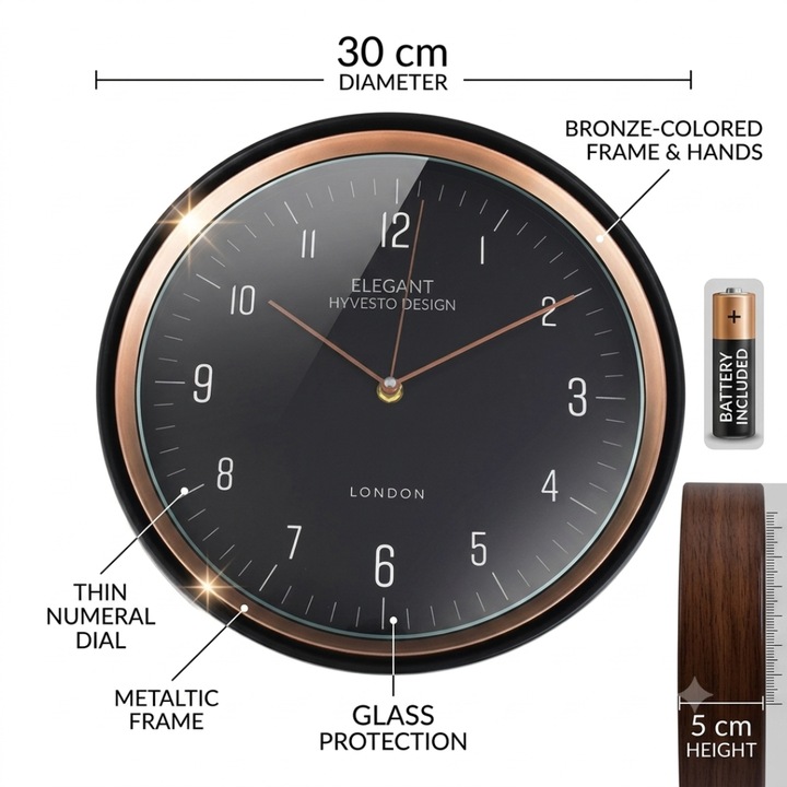 Elegáns HYVESTO Falióra, 30 cm átmérő, Fekete műanyag keret, Bronz színű részletek és mutatók, Vékony számokkal ellátott számlap, Üveg védelem, Magasság 5 cm + elem mellékelve