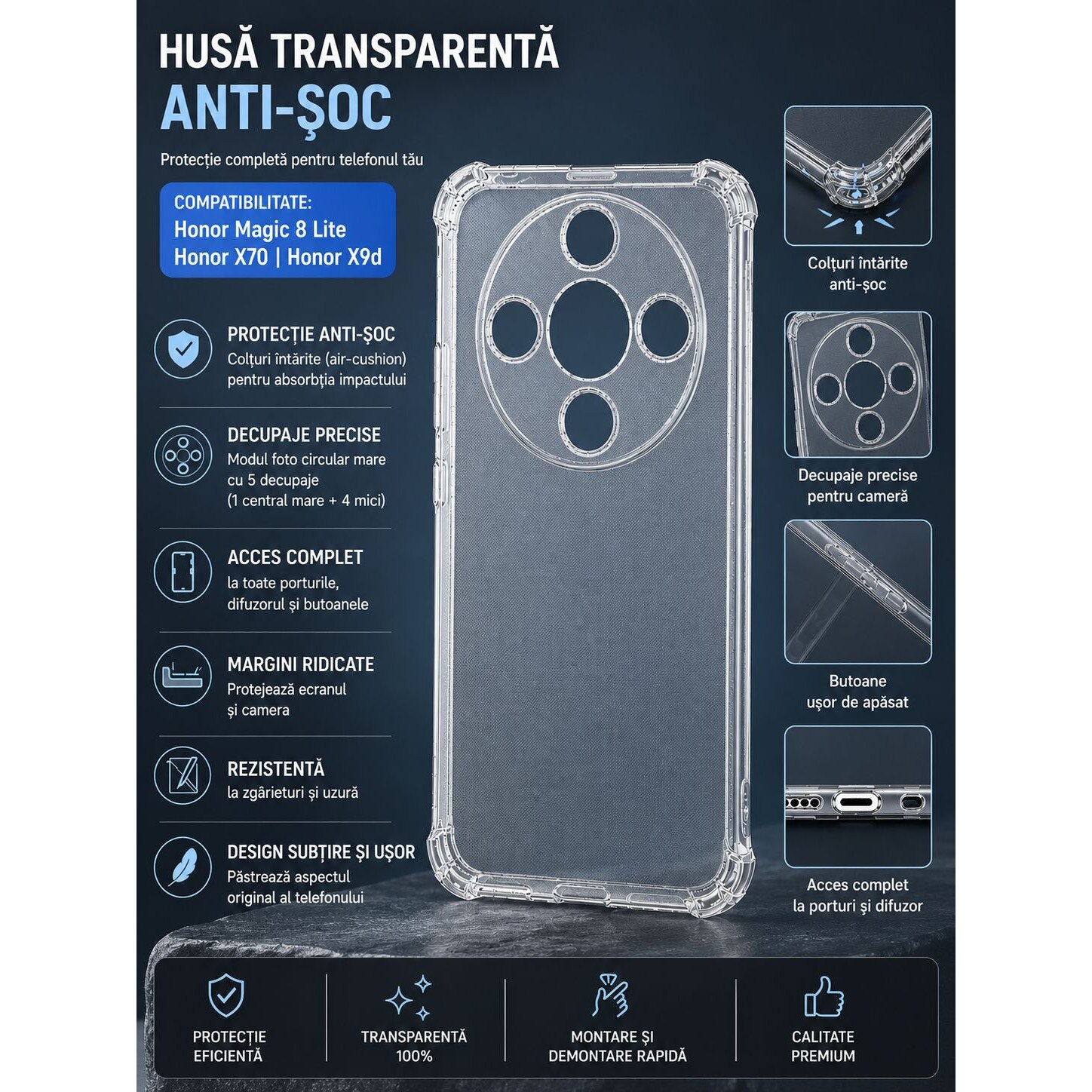 Husa protectie Mat-Tech compatibila cu Honor Magic 8 Lite / Honor X70 / X9d Margini ridicare camera, Colturi anti-soc, Rezistenta la impact, Transparenta