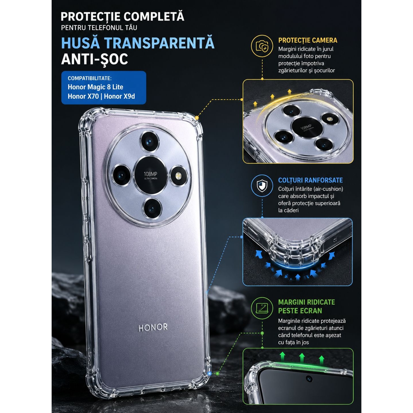 Husa protectie Mat-Tech compatibila cu Honor Magic 8 Lite / Honor X70 / X9d Margini ridicare camera, Colturi anti-soc, Rezistenta la impact, Transparenta