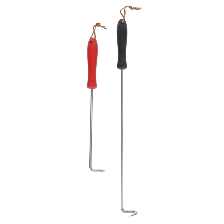 Set 2 carlige pentru carne din otel inoxidabil, manere negre si rosii, diverse dimensiuni