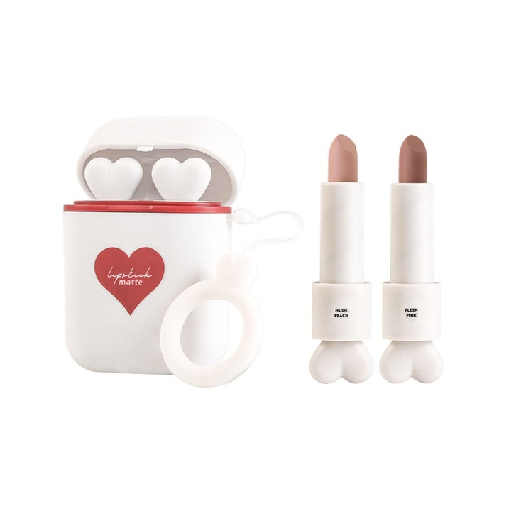 Set de rujuri mini, 6 nuante (2 per cutiuta) CJ-OB1-K0204-20260625-967, rezistent la apa, hidratant, finisaj catifelat, cutie compacta tip casti, Multicolor