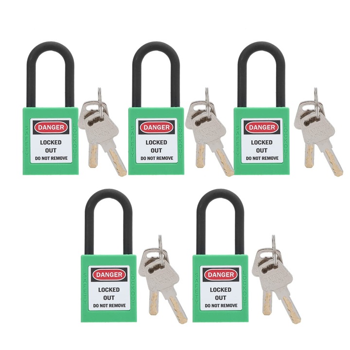 5 db zöld, szigetelt biztonsági lakat készlet, írható címkével és 10 kulccsal, 6x38mm