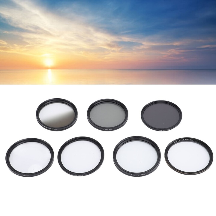Set filtre lentila camera 55mm UV CPL ND8 Macro alb soft gri treptat stea 6 puncte