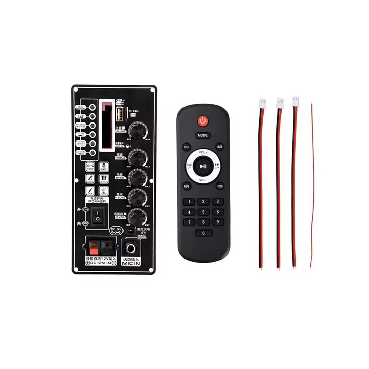 Erősítő panel 2x25W, MP3, USB/TF/FM, fekete, 7.4-12V