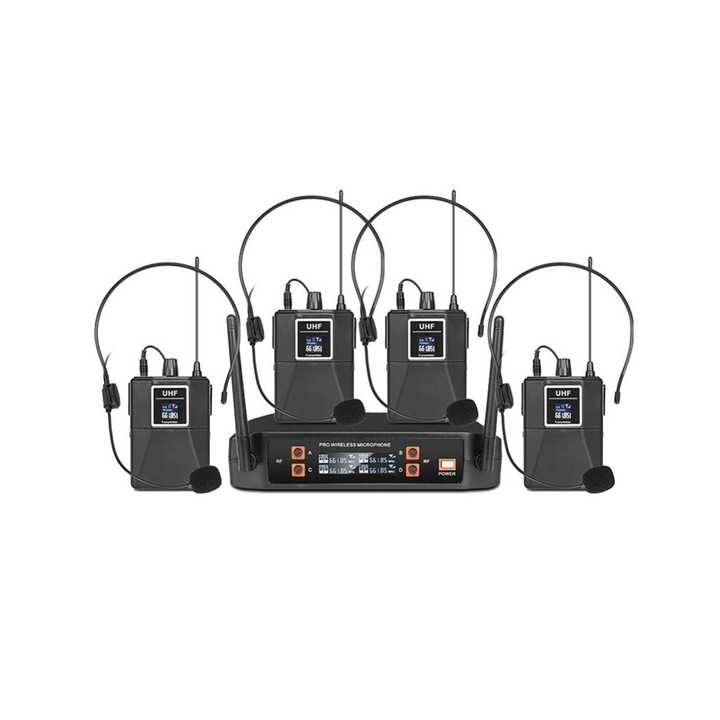 4 csatornás UHF vezeték nélküli mikrofon, headset rendszerrel, fekete, UK dugó