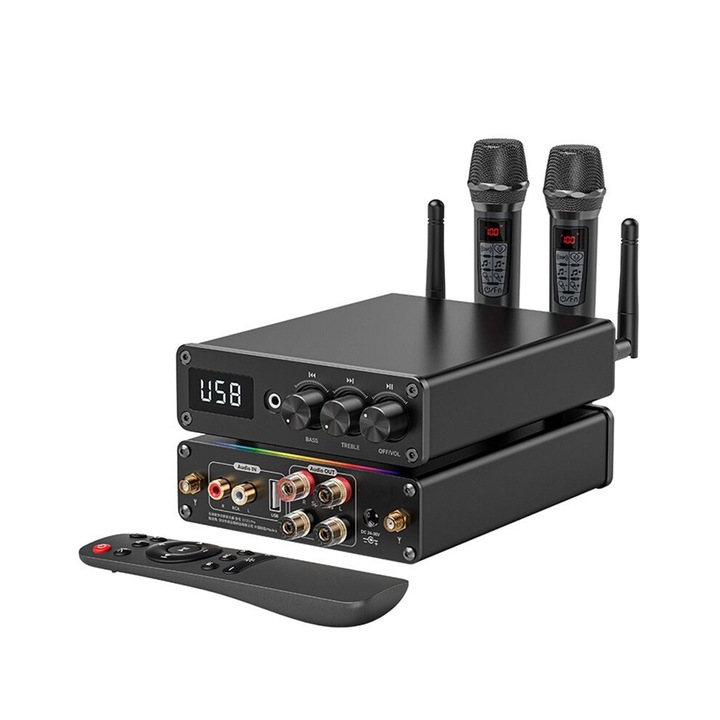 Bluetooth 5.3 audio erősítő, 300W+300W, fekete, 24x36cm
