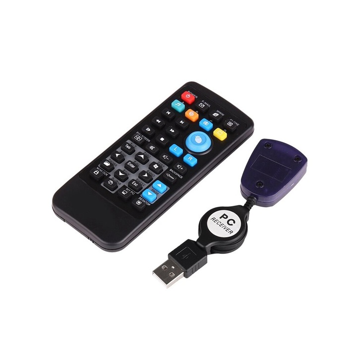 Vezeték nélküli távirányító PC-hez, visszahúzható USB vevő, IR, 18 m hatótáv, fekete