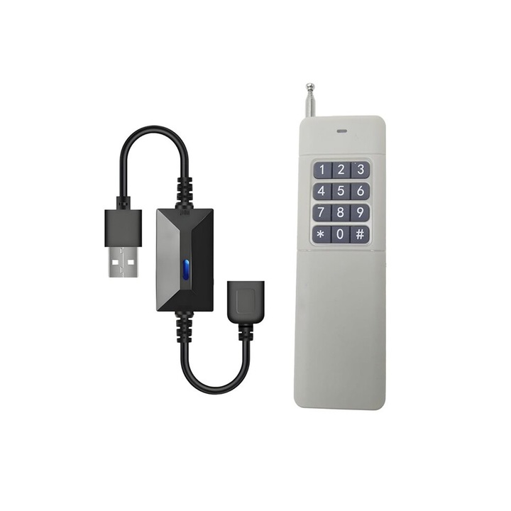 USB tápkapcsoló 433MHz távirányítóval, USB apa-anya kábel, szürke, 5V
