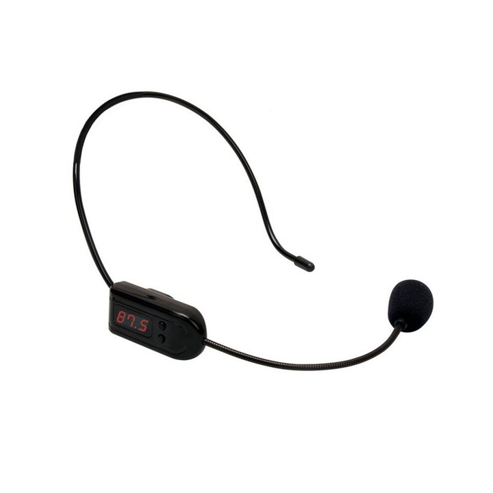 Vezeték nélküli FM mikrofon, fejhallgató, fekete, 87-108MHz, 12 óra üzemidő