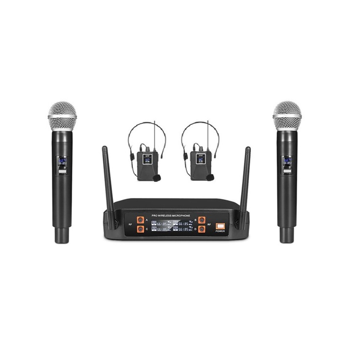 UHF 4 csatornás vezeték nélküli mikrofonrendszer, 2 kézi mikrofon, 2 headset, fekete, UK csatlakozó