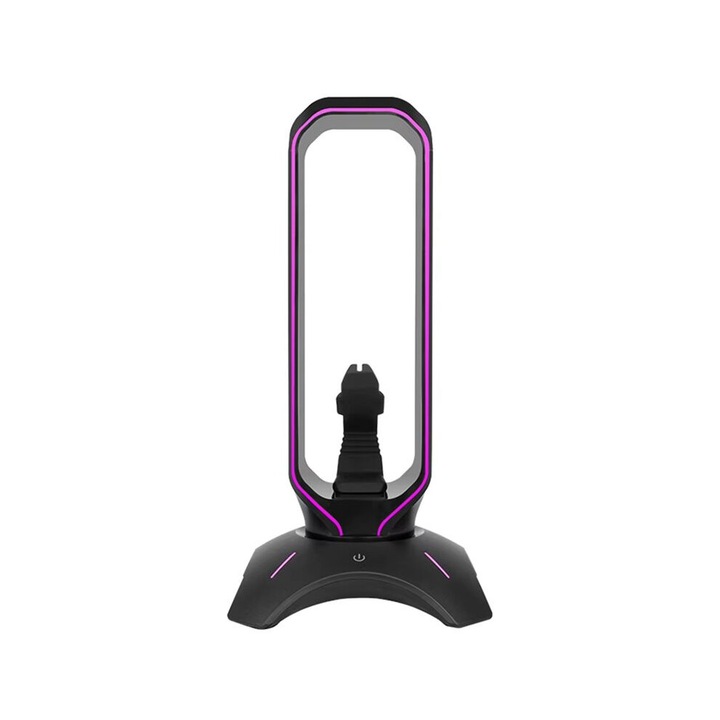 Suport casti gaming multifunctional cu iluminare RGB si organizator cablu, negru, 25x13x13cm