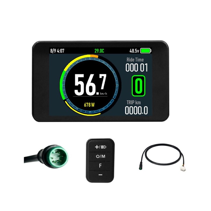 LCD színes intelligens kijelző elektromos kerékpárhoz, 24V-72V, fekete, 10x5cm