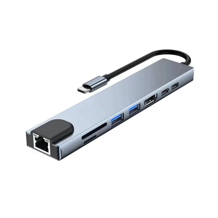 Hub USB C 8 in 1, 4K, 87W, multicolor, 10x5x2cm
