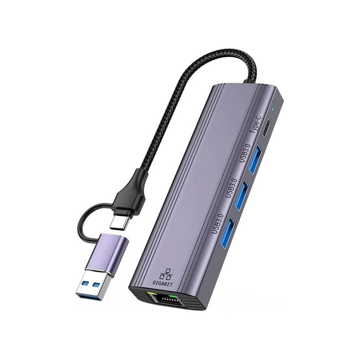 Dokkolóállomás 5 az 1-ben, szürke, alumínium, 20cm, Gigabit Ethernet, USB 3.0, Type-C