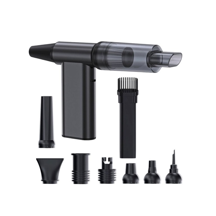 Újratölthető 2 az 1-ben fúvó/porszívó CJ-OB1-K0204-20260625-10186, 13W 130000 RPM kefe nélküli motor, 2x4000mAh, fújás 200g, szívás 10000Pa, alumínium, fekete, tartozékkészlettel