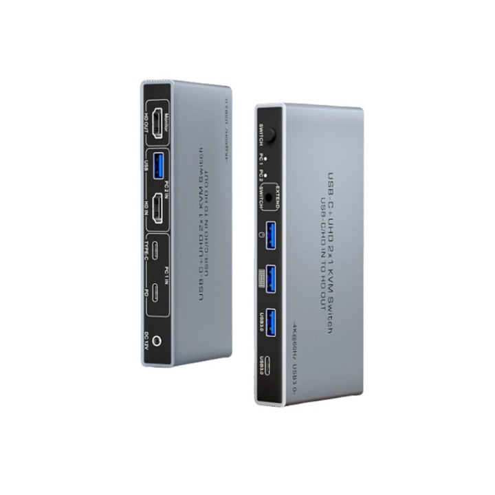 KVM kapcsoló 2x1 USB-C UHD fekete alumínium