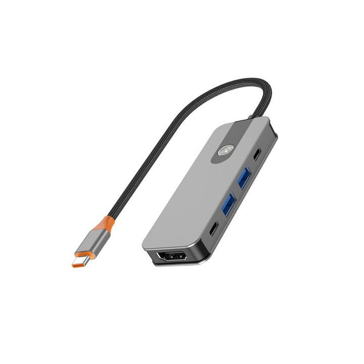 Hub USB-C 5 in 1, 4K, 3 USB 3.0, PD 100W, aluminiu, negru