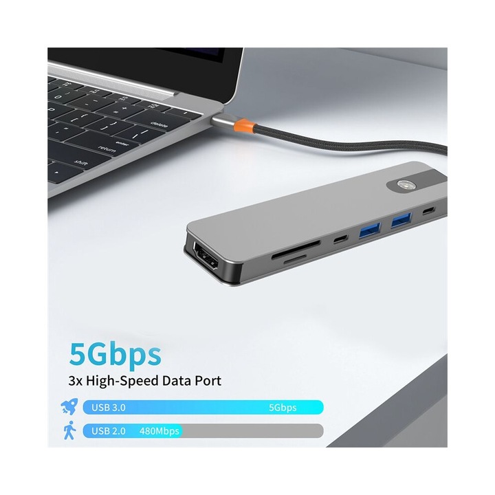 USB-C elosztó 7 az 1-ben, alumínium, 4K, fekete, 10x3x1cm