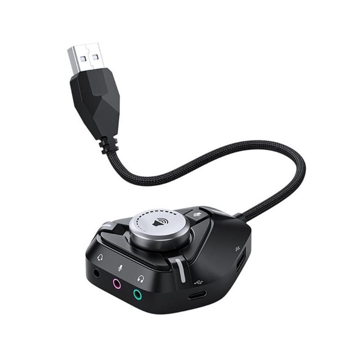 Placa de sunet externa, 3x3.5mm, 2xUSB, 1xType-C, negru, 13.2x0.4cm