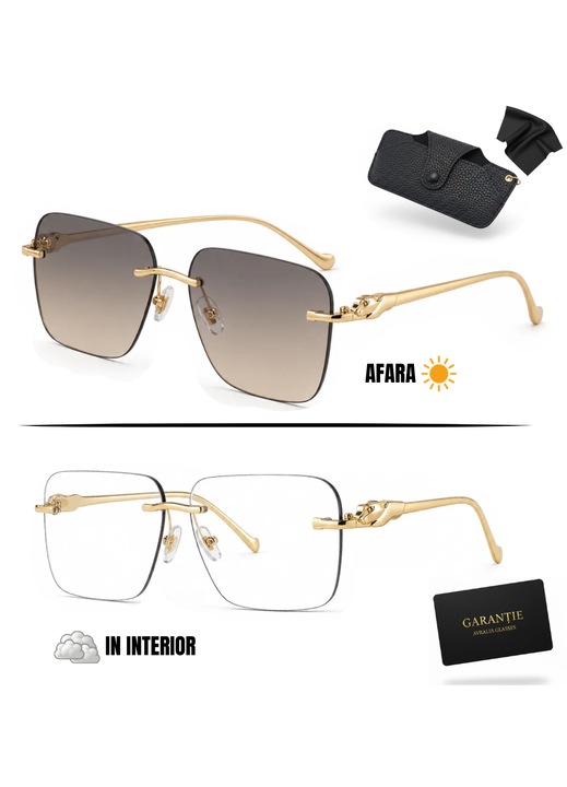 Ochelari de soare heliomati dama Riviera, lentile polarizate UV400, rama metal rimless cu detaliu pantera, set complet cu toc si garantie