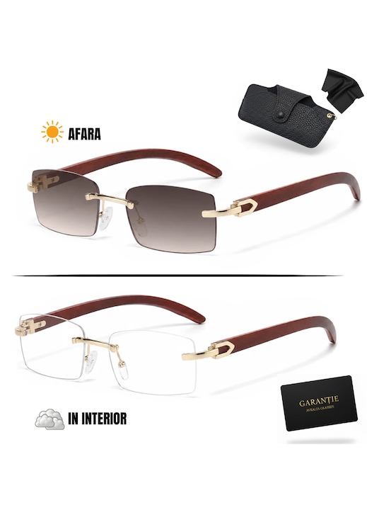 Ochelari de soare heliomati femei Toscana, lentile polarizate UV400, rama metal cu brate din lemn, set complet cu toc si garantie