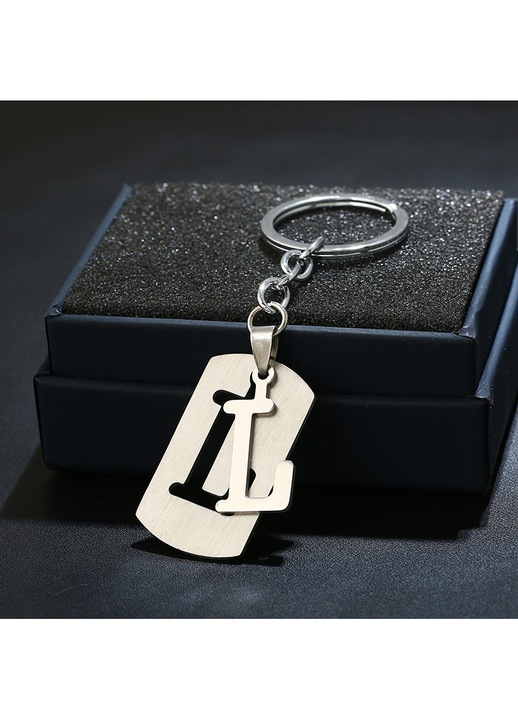 Betűs kulcstartó, rozsdamentes acél, egyszerű, 5x2cm