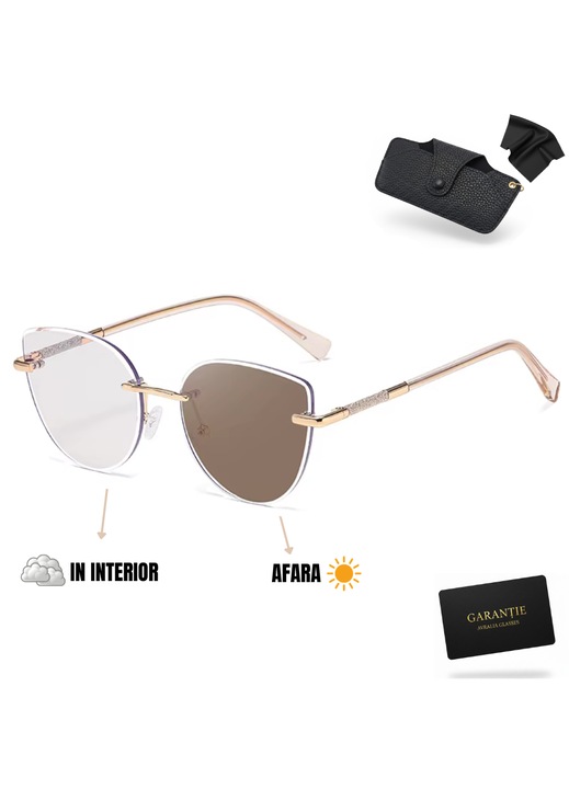 Ochelari de soare heliomati dama Santorini cat-eye, lentile polarizate UV400, rama metal cu detalii cristale, set complet cu toc si garantie