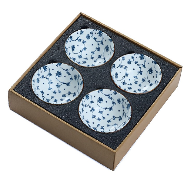Set boluri ceramice, stil japonez, albastru si alb, 15x7cm