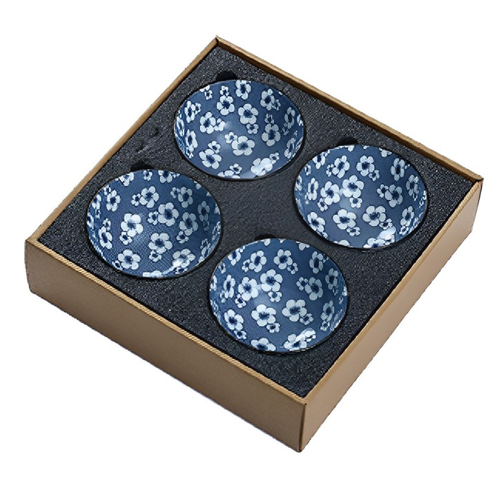 Set boluri ceramice, stil japonez, albastru si alb, 15x7cm