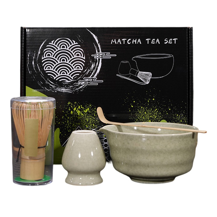 Set ceai matcha, bol 500ml, ustensile bambus si ceramic, natural