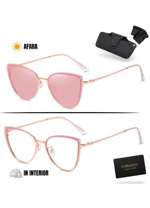 Ochelari de soare heliomati dama Venezia cat-eye, lentile polarizate UV400 roz oglinda, rama metal rose-gold, set complet cu toc si garantie