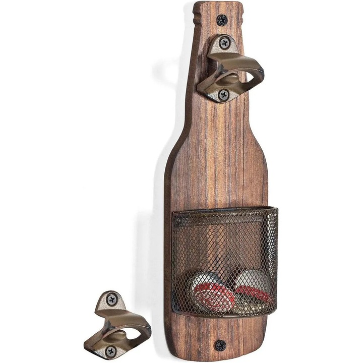 Vintage falra szerelhető sörnyitó, fa és kovácsoltvas, barna, 25x5x7cm