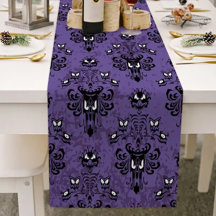 ISINI-CJ-K0497-260826-1562 asztali futó pamutból, Halloween mintával, foltálló, lila/fekete, 33 x 229 cm (13 x 90 in)