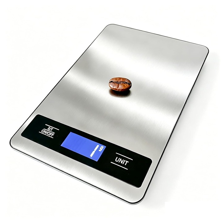 Cantar de bucatarie digital, precizie 1g, inox, 15kg, ecran LCD iluminat, functie tare si conversie unitati