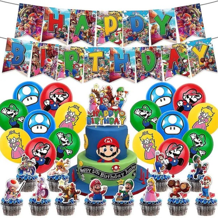 Super Mario parti dekoráció szett, latex léggömbök, banner, torta, cupcake, többszínű