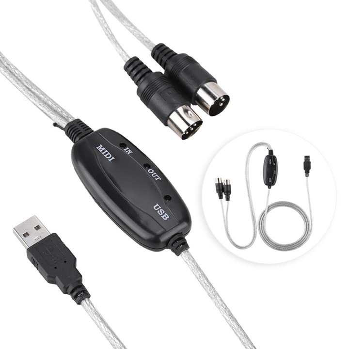USB-MIDI kábel CJ-OB1-K0204-20260625-3848, USB-MIDI interfész adapter 2 DIN csatlakozóval és A típusú USB dugóval, fekete/ezüst, 190 cm