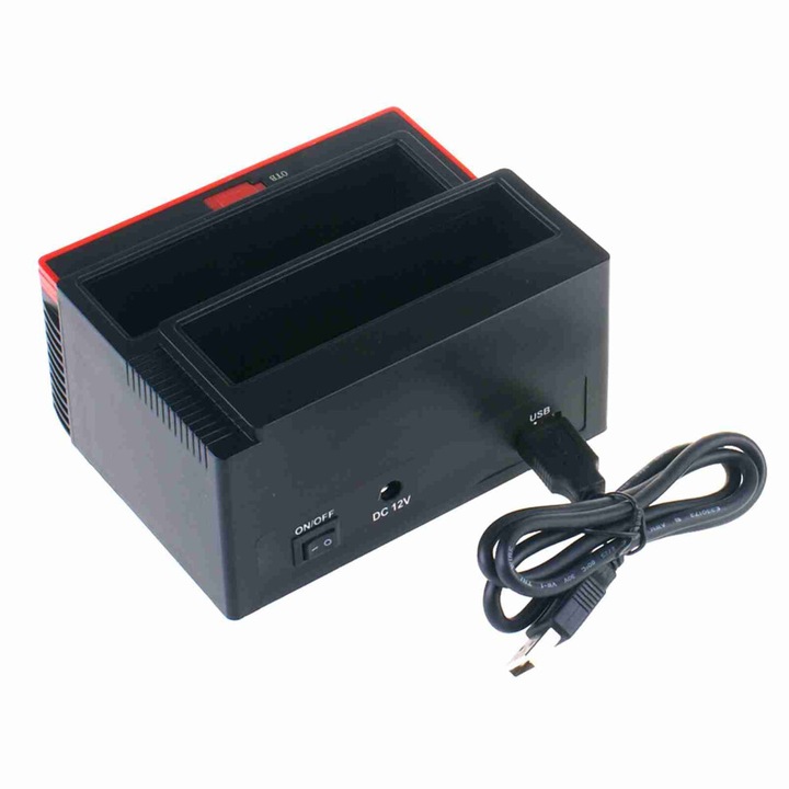 Többfunkciós 2.5/3.5 SATA IDE HDD dokkoló állomás, fekete-piros, 134x103x65mm