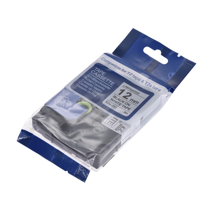 Banda etichete laminata 12mmx8m alb-negru