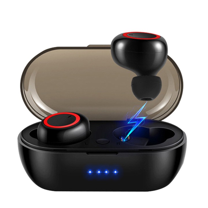 Vezeték nélküli Bluetooth mini fülhallgató, fekete, 20x24x14mm, töltőtok 38x70mm