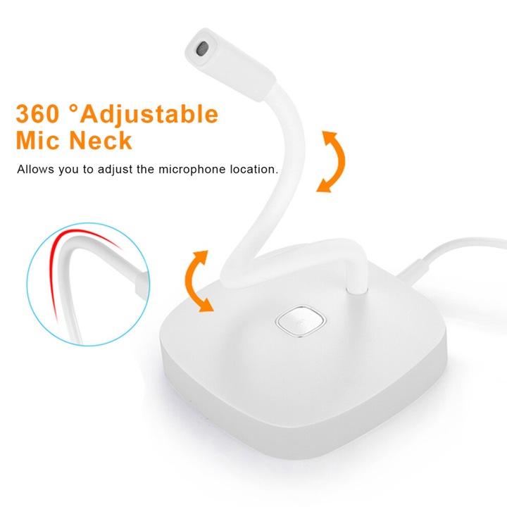 Microfon desktop USB, omnidirectional, reglabil, alb, 5.9x5.9x27.5cm