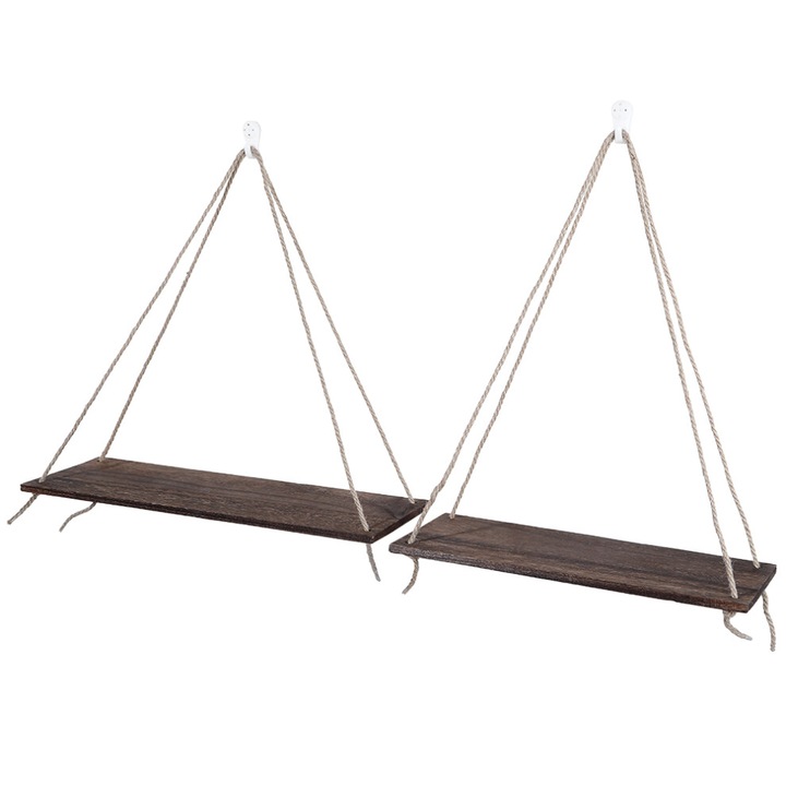 Set 2 rafturi suspendate din lemn, 45x13.8cm si 35x13.8cm, maro, cu franghie