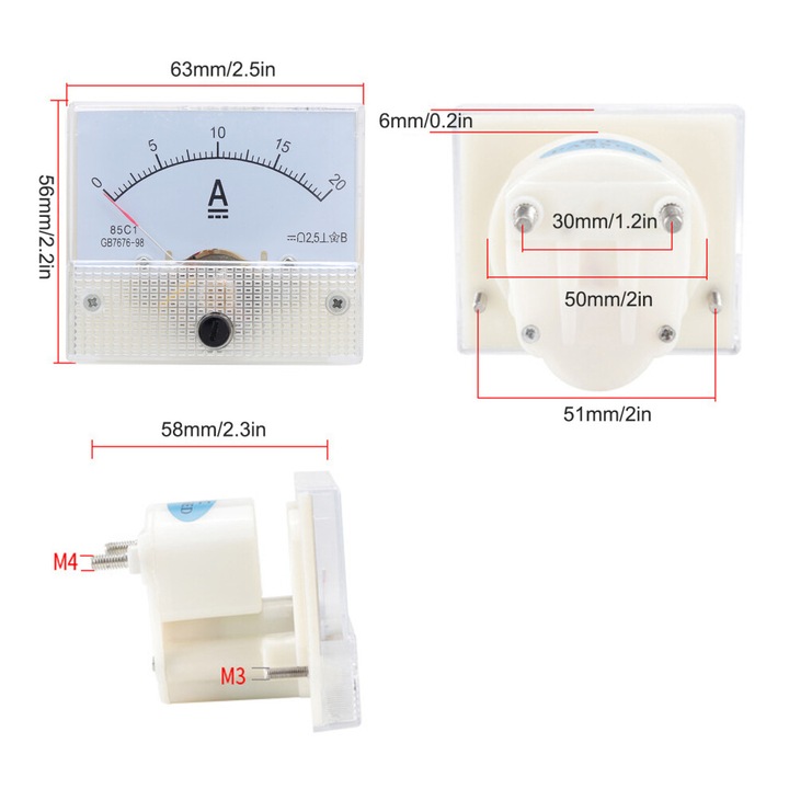 Ampermetru DC 0-20A 85C1-A, ABS, 63x56x58mm