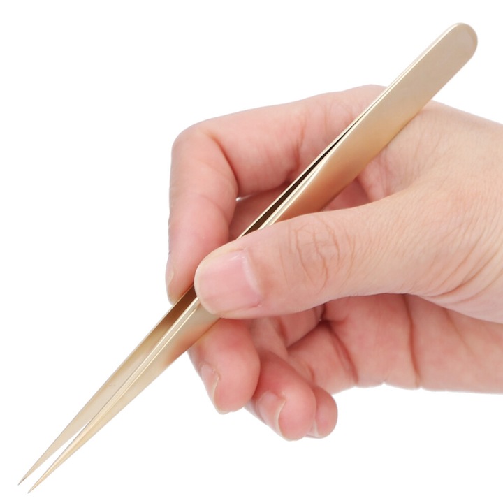 Többfunkciós csipesz körmökhöz és szempillákhoz, arany acél, 13.6cm