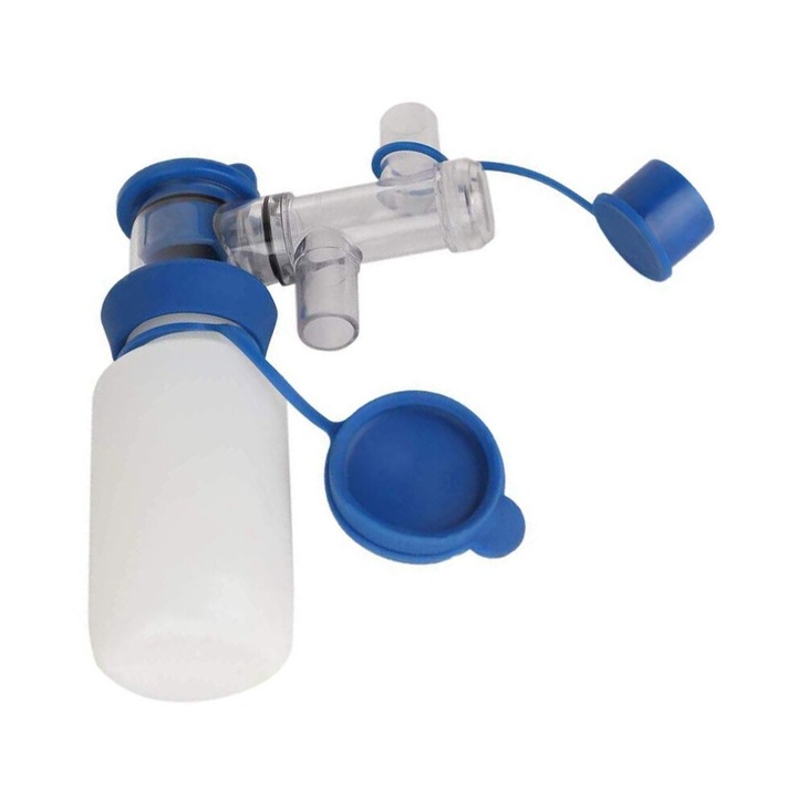 Tejgyűjtő flakon, 200 ml kapacitás, műanyag, erős tömítés, szett csatlakozóval, adagolóval és tartóval, kék/fehér