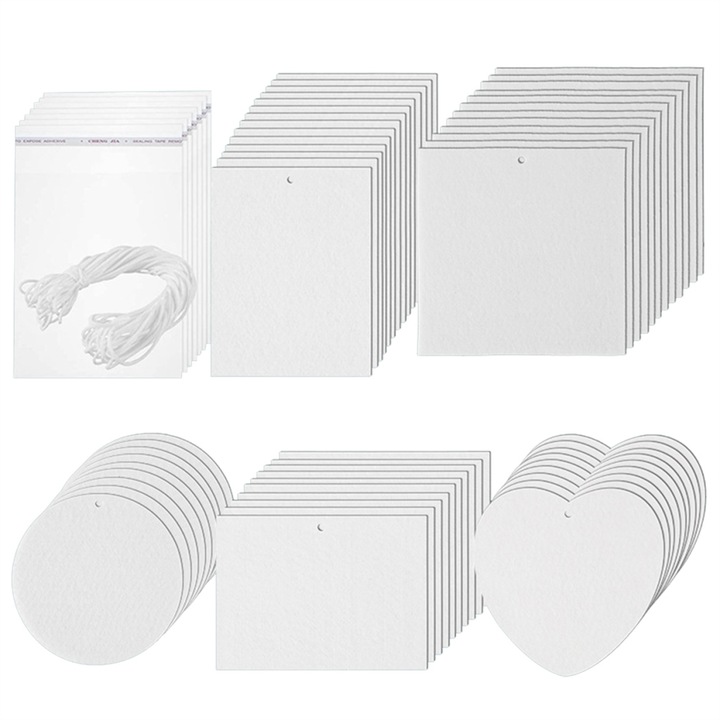 50 db-os szublimálható illatosító készlet, különböző formák, fehér, 10x10cm, zsinórral és csomagoló tasakokkal