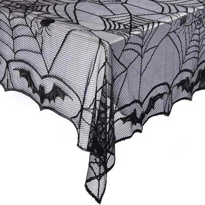 ISINI-CJ-K0497-260826-1781 Halloween csipketerítő, pókháló és denevér mintával, fekete, 122 x 244 cm