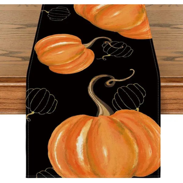 Asztali futó, 100% poliészter anyag, Halloween tök minta ISINI-CJ-K0497-260826-2038, fekete/narancs, 13 x 72 hüvelyk (33 x 183 cm)