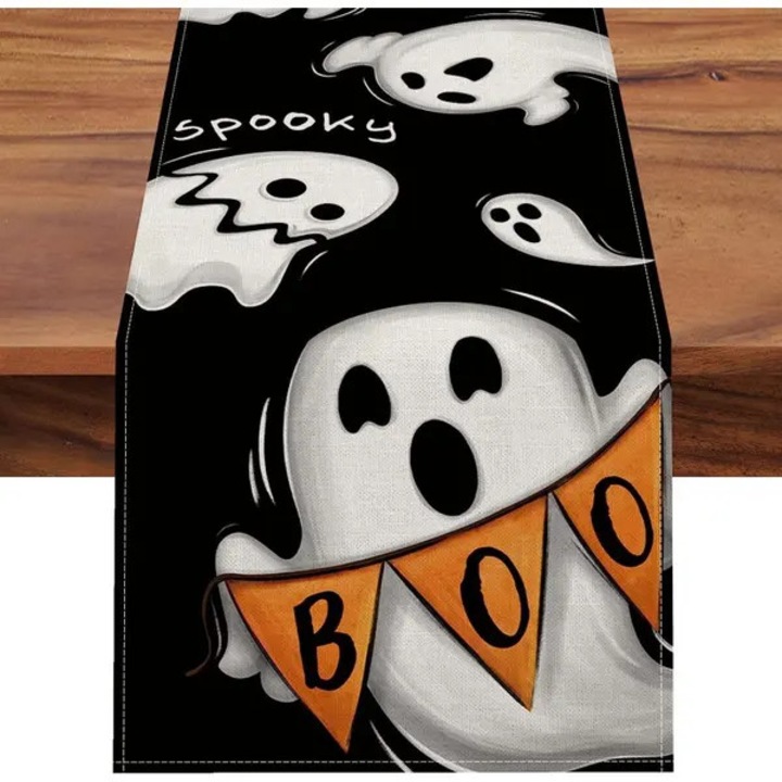 Asztalterítő, Halloween szellem mintás, 33x180cm, bézs